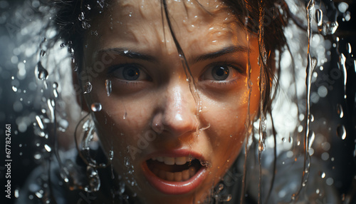 Smiling woman enjoying rain, water splashing, nature refreshing beauty generated by AI © Stockgiu