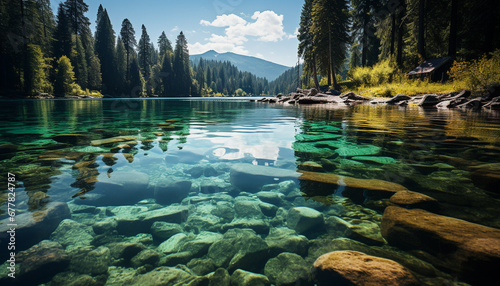 Tranquil scene of mountain peak reflecting in pond generated by AI