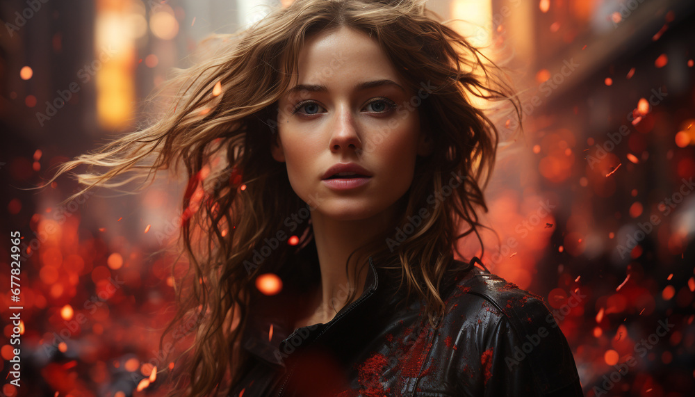 Young woman with long brown hair, smiling outdoors generated by AI Young woman with long brown hair, smiling outdoors generated by AI