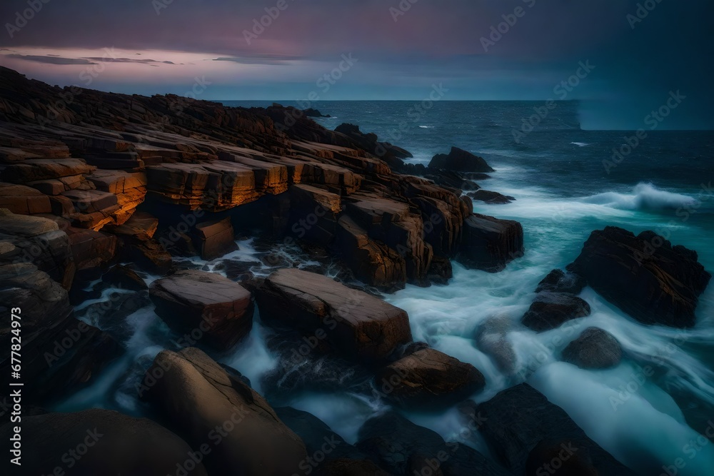 Obraz premium The dynamic contrast of a rocky coastline meeting the turbulent sea under the soft glow of twilight