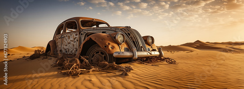 old classic wreck of retro vintage car left rusty ruined and damaged abandoned in the Sahara desert for aftermath apocalyptical and lost forgotten concepts as copyspace banner