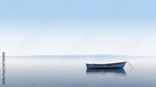  a boat floating on top of a large body of water next to a shore covered in a cloud covered sky.