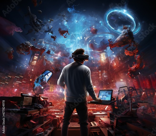 Man playing vr gear, with person in space, in the style of chaotic energy, dark cyan and red