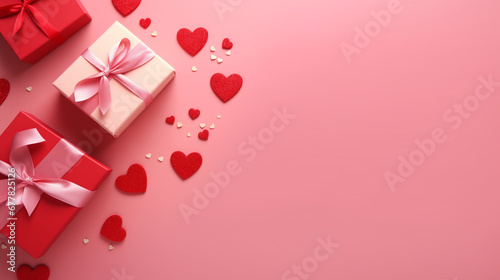 Top view of composition with Valentine's day decorations and copy space on pink background. Holiday 14 February romantic banner. photo