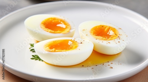 close up, soft boiled eggs on a white plate, food photography, 16:9