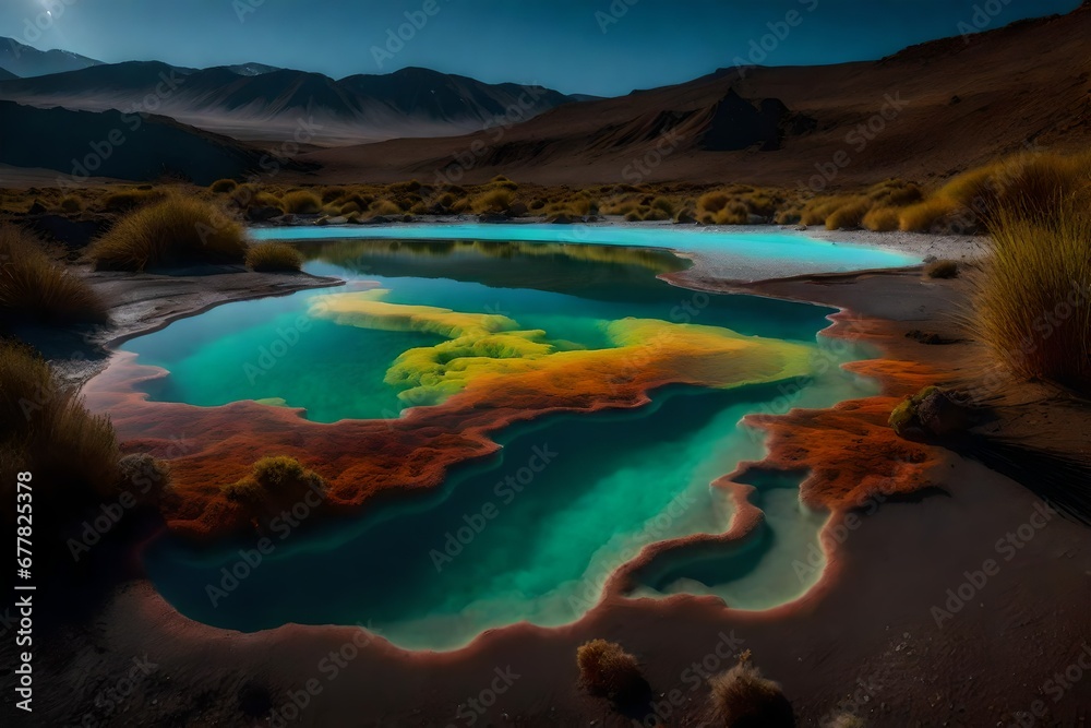The surreal beauty of a thermal spring habitat, with geothermal features and unique microbial life