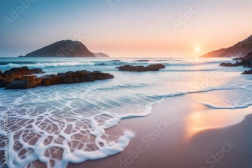 The tranquil beauty of a beach at dawn, where the first light of day bathes the landscape in soft hues