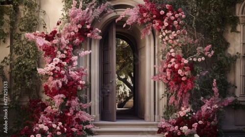  a doorway that has a bunch of flowers on the outside of it and a bunch of pink flowers on the outside of it.