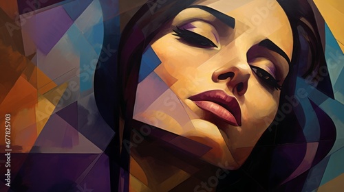 abstract painting of a woman with purple highlights, in the style of neocubism, dark amber and teal, romanesque art, mosaic-inspired realism, copy space, 16:9 photo