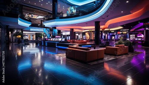 Modern nightclub with bright blue lighting, reflecting on sleek flooring generated by AI