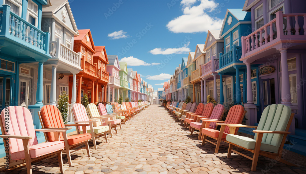 Comfortable wooden chairs in a row, overlooking the vibrant blue coastline generated by AI