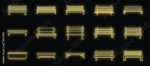 Street bench icons set. Outline set of street bench vector icons neon color on black