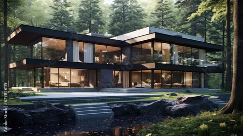  an artist's rendering of a modern house in the woods with stairs leading up to the upper level of the house. © Olga