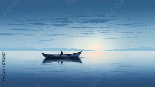  a man standing on a boat in the middle of a body of water with the sun setting in the background.