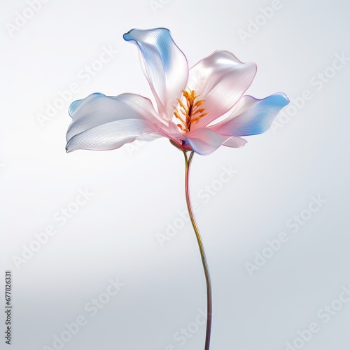  a white flower with a blue center and a yellow stamen in the middle of the center of the flower.