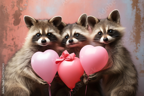 Lovely raccoons holding pink balloons shaped as hearts.  Surreal Valentine or happy birthday concept. Generative AI © Miss V