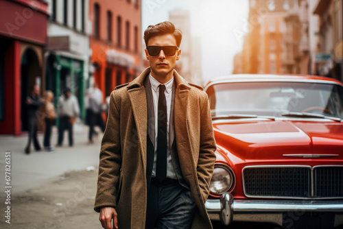 A suave man in a classic overcoat and sunglasses strides confidently on an urban street, a vintage red car and city life bustling in the background. photo