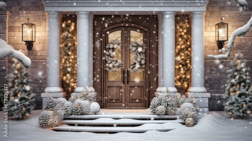 a winter scene of a front door with snow falling on the ground and christmas trees in front of the door.
