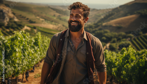 Smiling man in vineyard enjoys nature agricultural growth generated by AI