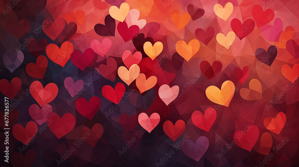 On a red background, multiple hearts in assorted sizes and shapes are arranged in a seemingly chaotic manner, representing themes of love, beauty, or joy.