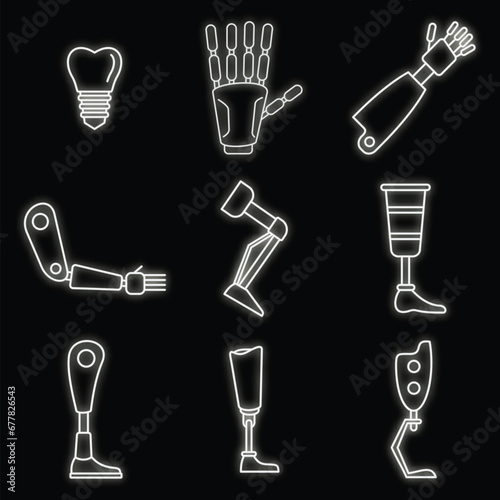 Bionic artificial limbs icons set. Outline set of bionic artificial limbs vector icons neon color on black