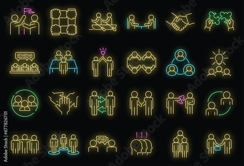 Business cooperation icons set. Outline set of business cooperation vector icons neon color on black