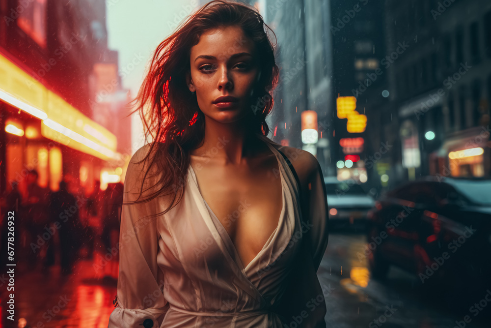 Enigmatic woman on a rain-soaked street at night, city lights casting a warm glow.