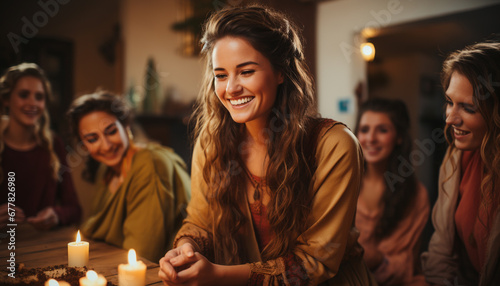 Young women smiling, enjoying a fun indoor party generated by AI
