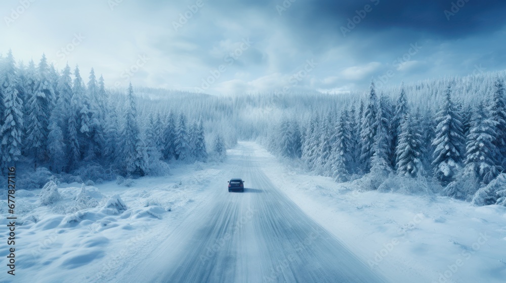 Driving on a winter road through the snow-covered forest.