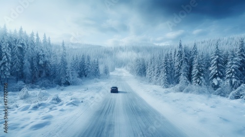 Driving on a winter road through the snow-covered forest. © muji
