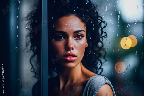 Intense young woman with curly hair looking through a raindrop-covered window, city lights in the bokeh.