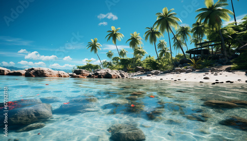 Tropical climate, blue water, palm tree, relaxation generated by AI