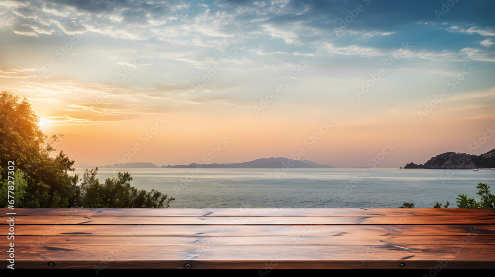 Landscape of a beach with bright turquoise seas, from the perspective of a wooden balcony. Produced with the help of AI.