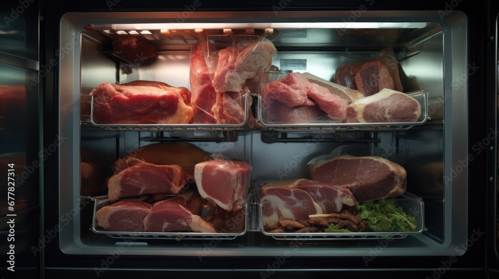 stainless steel fridge holding fresh meat in the bottom compartment