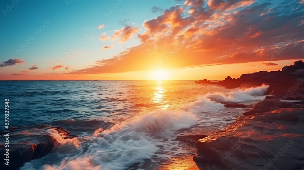 The soft sound of waves brushing against the shoreline. Each wave is kissed by sunlight as it strikes the beach. Allow time to appreciate the wonders of nature. Constructed using AI.