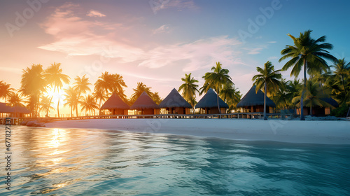 Evening glow on an island in the Maldives. Stilted bungalows over water, crafted by artificial intelligence.