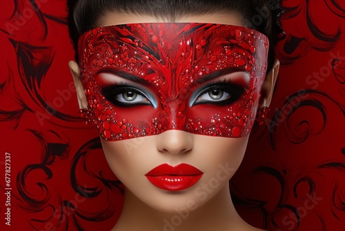Captivating female portrait. young lady with red lipstick and mask on vibrant red background. © Александр Раптовый