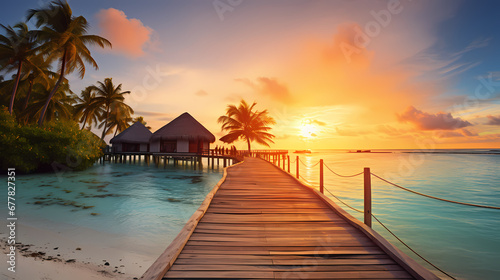 Sunset over a Maldivian island. Overwater bungalow retreat  developed using AI.