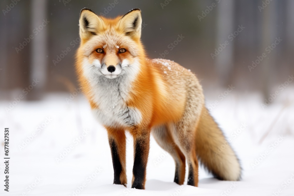 Furry animal red fox, vulpes vulpes, on snow in winter Furry animal red fox, vulpes vulpes, on snow in winter