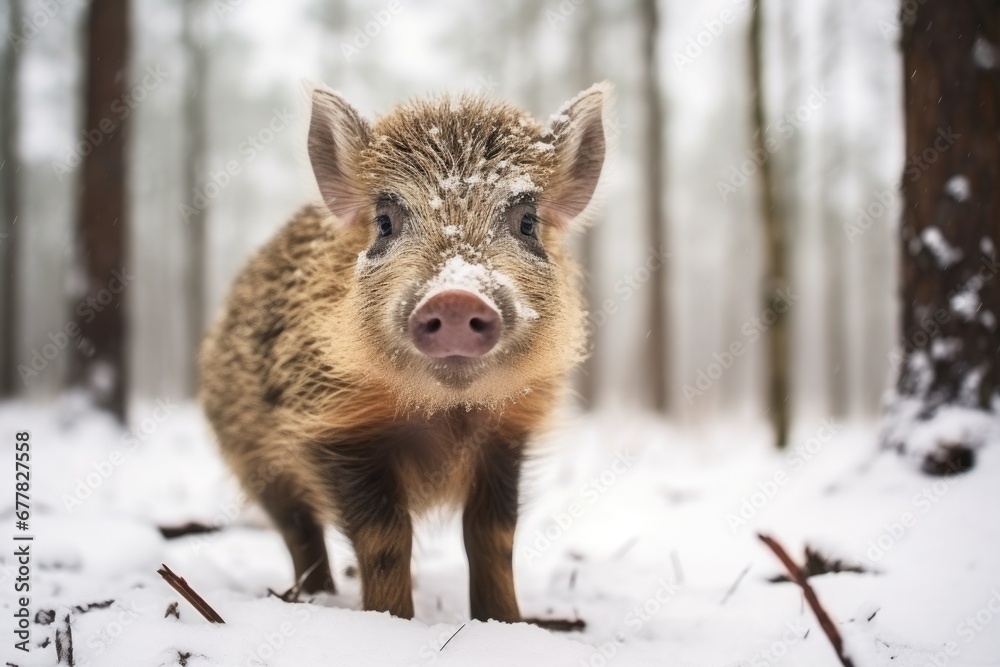 Young wild pig in forest with snow. Wild boar, Sus scrofa. Wildlife animal in the nature habitat Young wild pig in forest with snow. Wild boar, Sus scrofa. Wildlife animal in the nature habitat