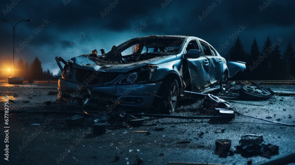 car collided on the road late into the night. - obrazy, fototapety, plakaty 