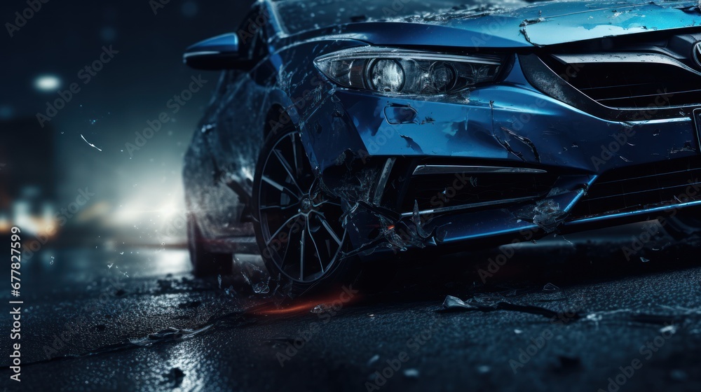 There was a car collision on the road at nightfall.