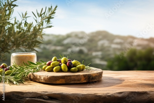 Old wooden table for product display with natural green olive field and green olives photo