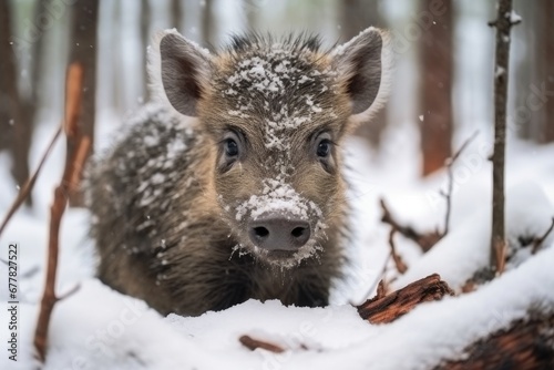 Young wild pig in forest with snow. Wild boar, Sus scrofa. Wildlife animal in the nature habitat © Lubos Chlubny