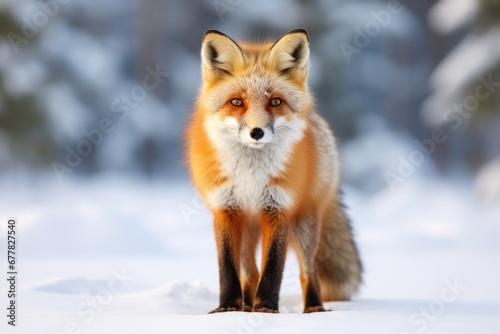 Furry animal red fox  vulpes vulpes  on snow in winter
