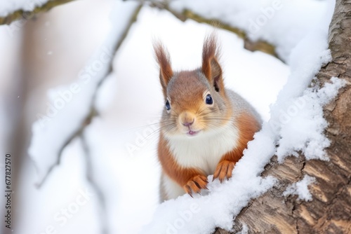 Cute red squirrel (Sciurus vulgaris) sitting in a snow and looking for food on winter forest. Wildlife scene