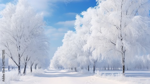 Trees covered with hoarfrost. Beautiful winter landscape with snow covered trees © Lubos Chlubny