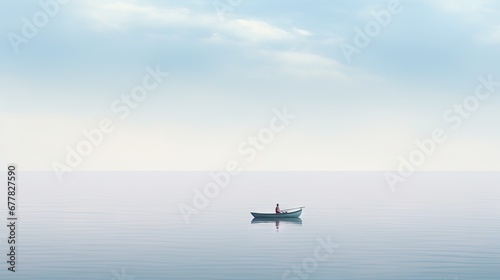  a lone boat floating in the middle of the ocean on a foggy day with a person standing on the front of the boat.
