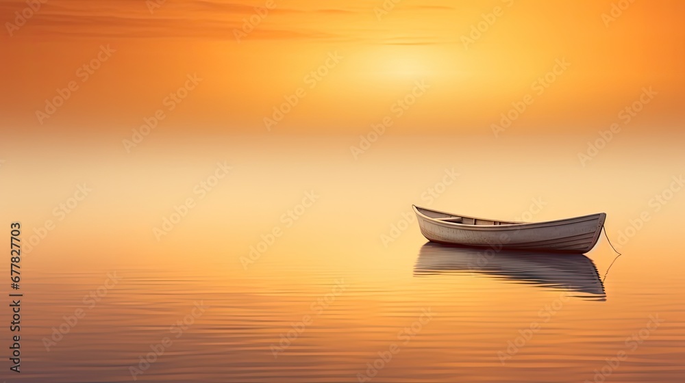  a small boat floating on top of a body of water under a cloudy sky with the sun in the distance.