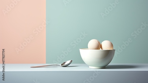  three eggs in a white bowl with a spoon on a table next to a pink and mint green colored wall.
